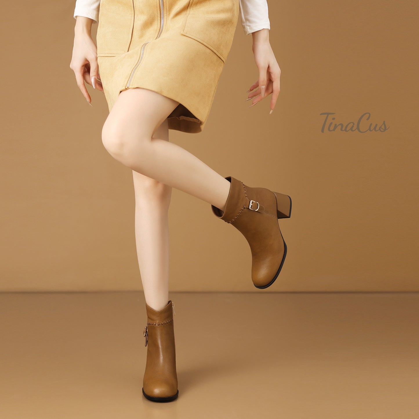 TinaCus Women's Round Toe Zip up Ankle Boots Genuine Leather Handmade Buckle Chunky Heels Booties