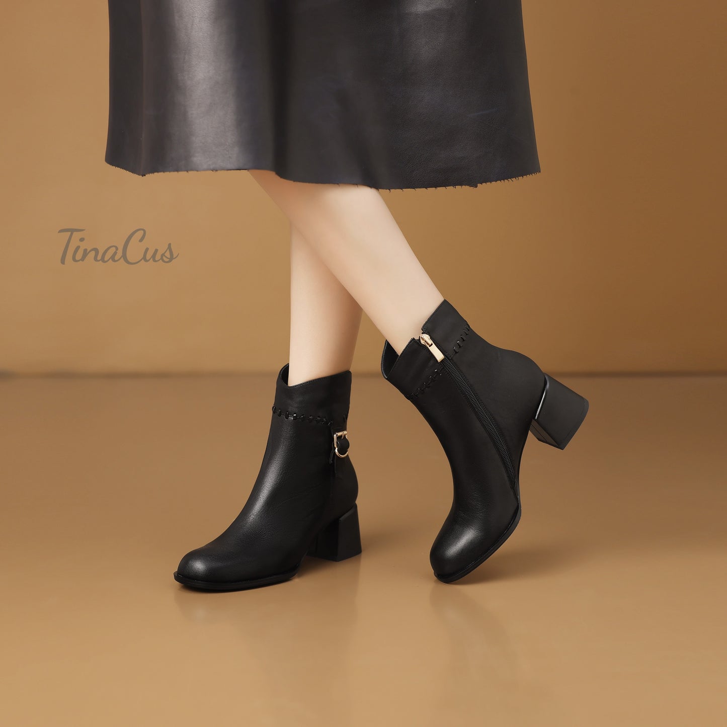 TinaCus Women's Round Toe Zip up Ankle Boots Genuine Leather Handmade Buckle Chunky Heels Booties