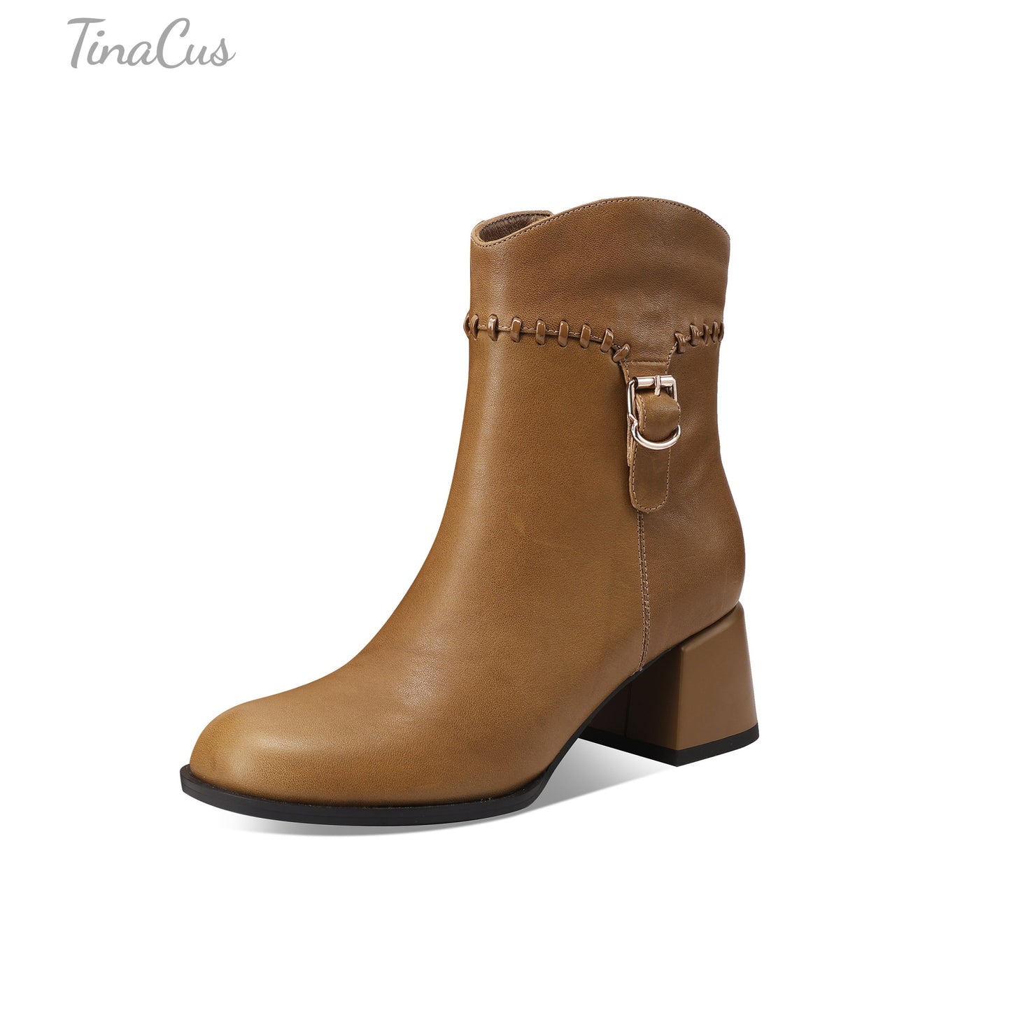 TinaCus Women's Round Toe Zip up Ankle Boots Genuine Leather Handmade Buckle Chunky Heels Booties