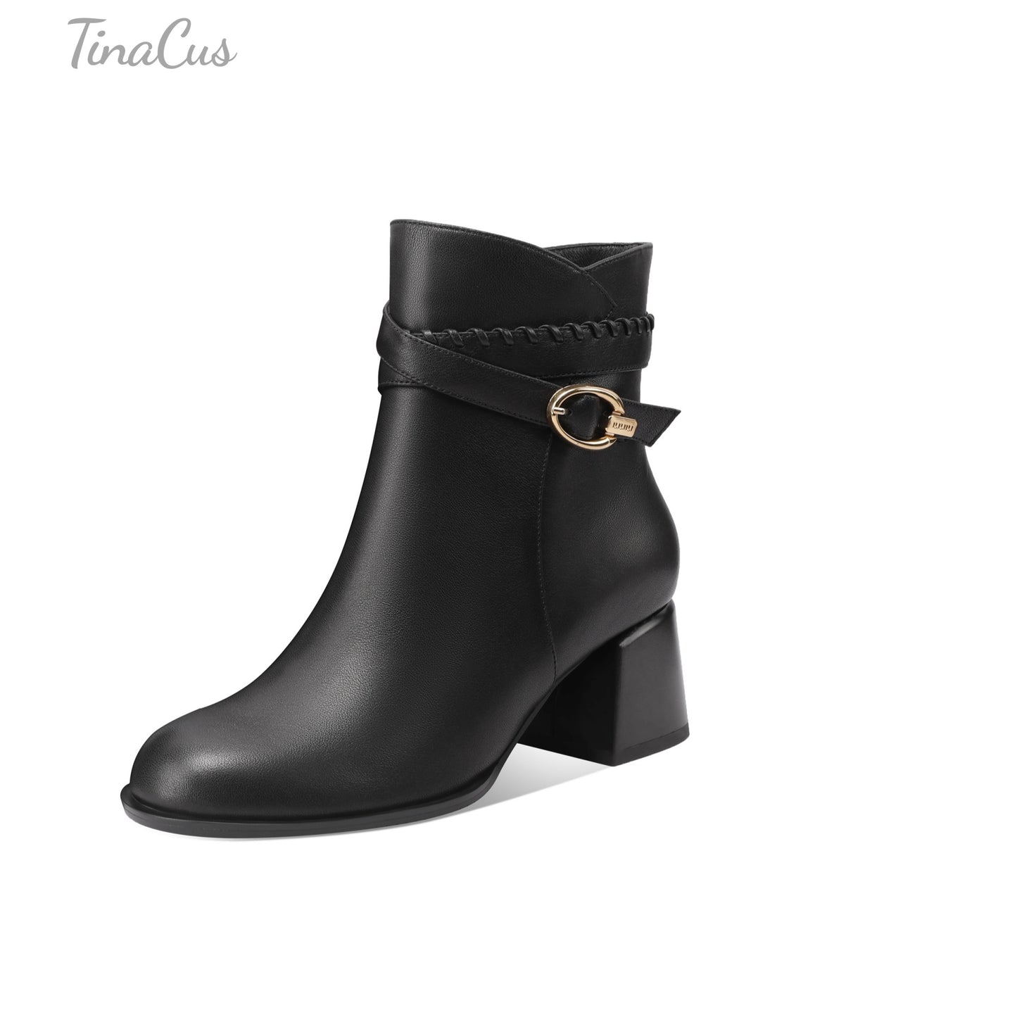 TinaCus Genuine Leather Women's Round Toe Ankle Boots Handmade Strap Buckle Chunky Heels with Zipper