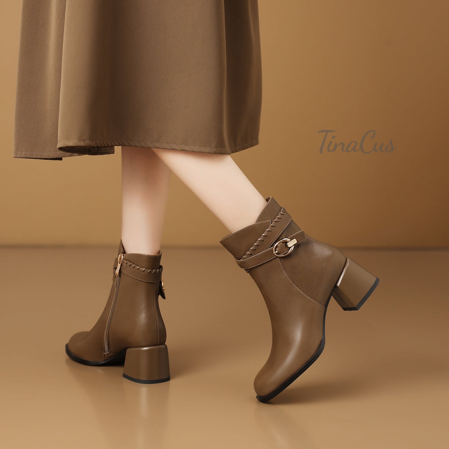 TinaCus Genuine Leather Women's Round Toe Ankle Boots Handmade Strap Buckle Chunky Heels with Zipper
