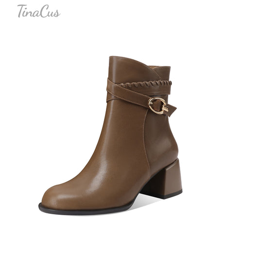 TinaCus Genuine Leather Women's Round Toe Ankle Boots Handmade Strap Buckle Chunky Heels with Zipper