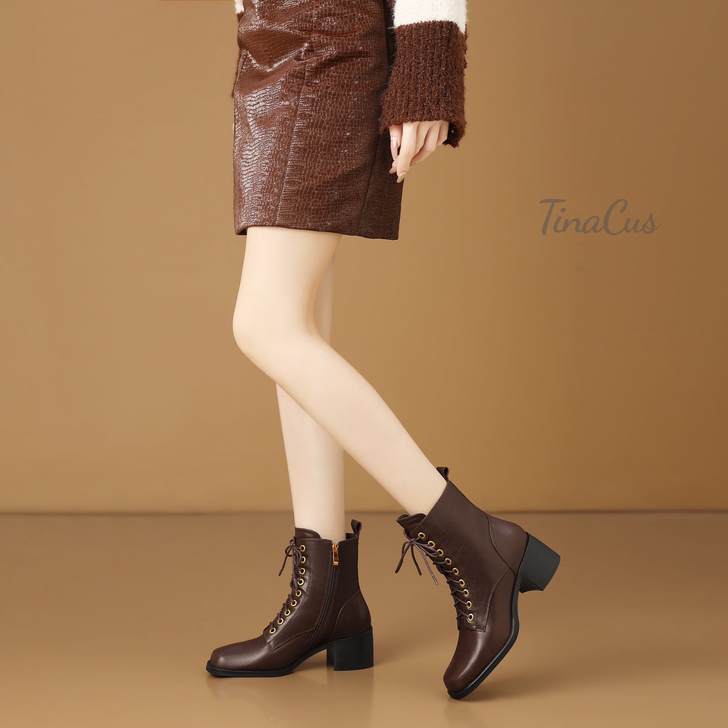 TinaCus Genuine Leather Handmade Short Boots Women's Square Toe Chunky Heels Zipper & Selftie Booties