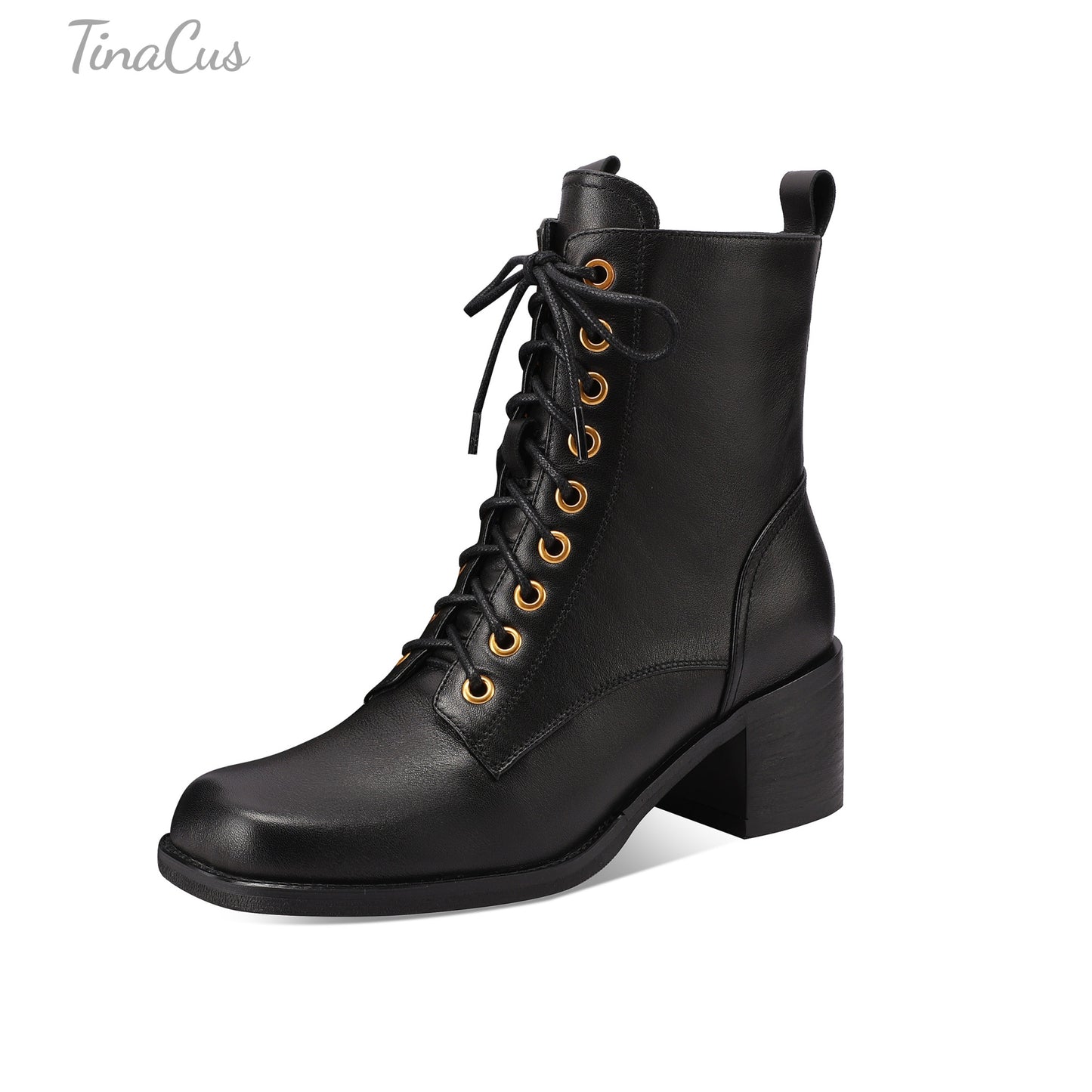 TinaCus Genuine Leather Handmade Short Boots Women's Square Toe Chunky Heels Zipper & Selftie Booties