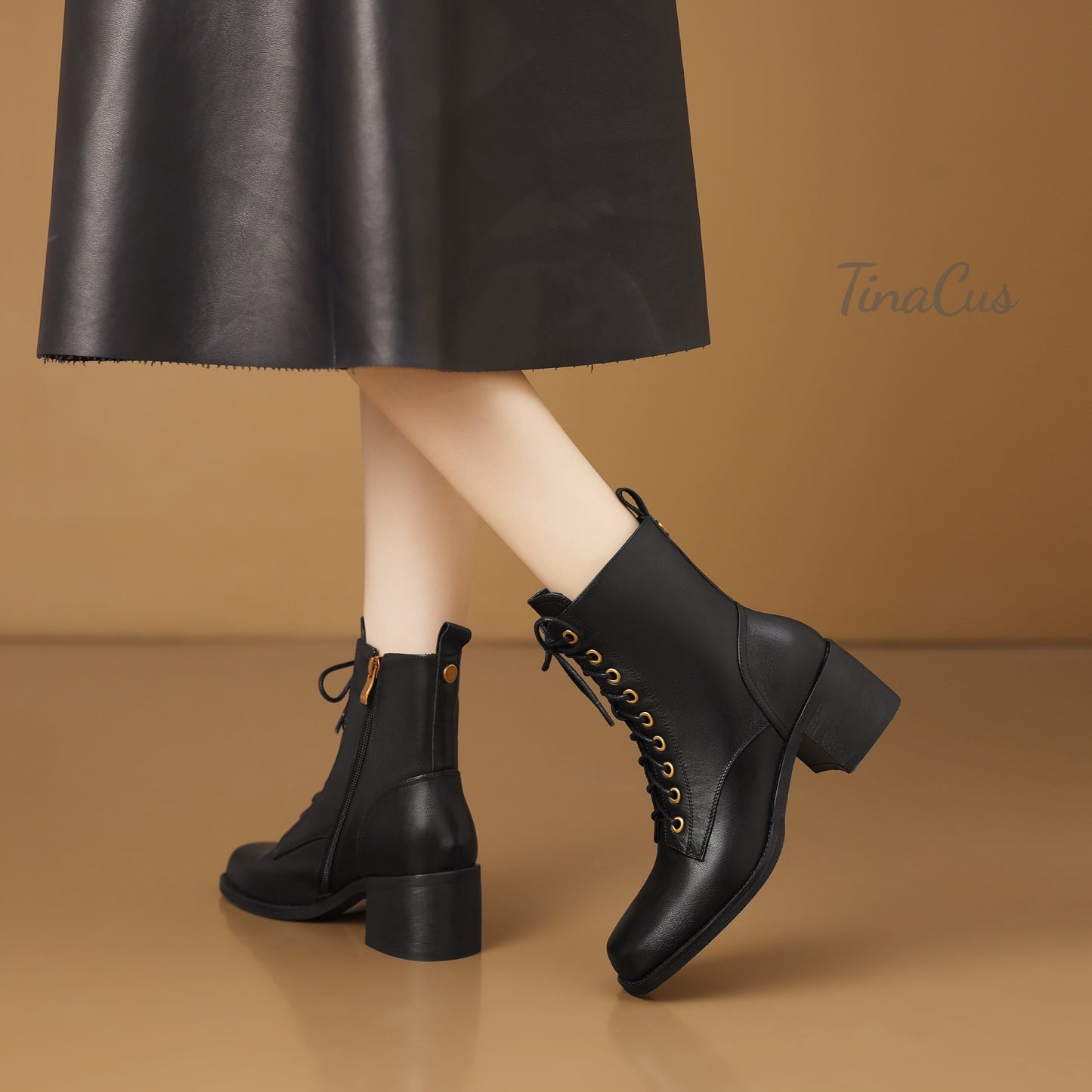 TinaCus Genuine Leather Handmade Short Boots Women's Square Toe Chunky Heels Zipper & Selftie Booties