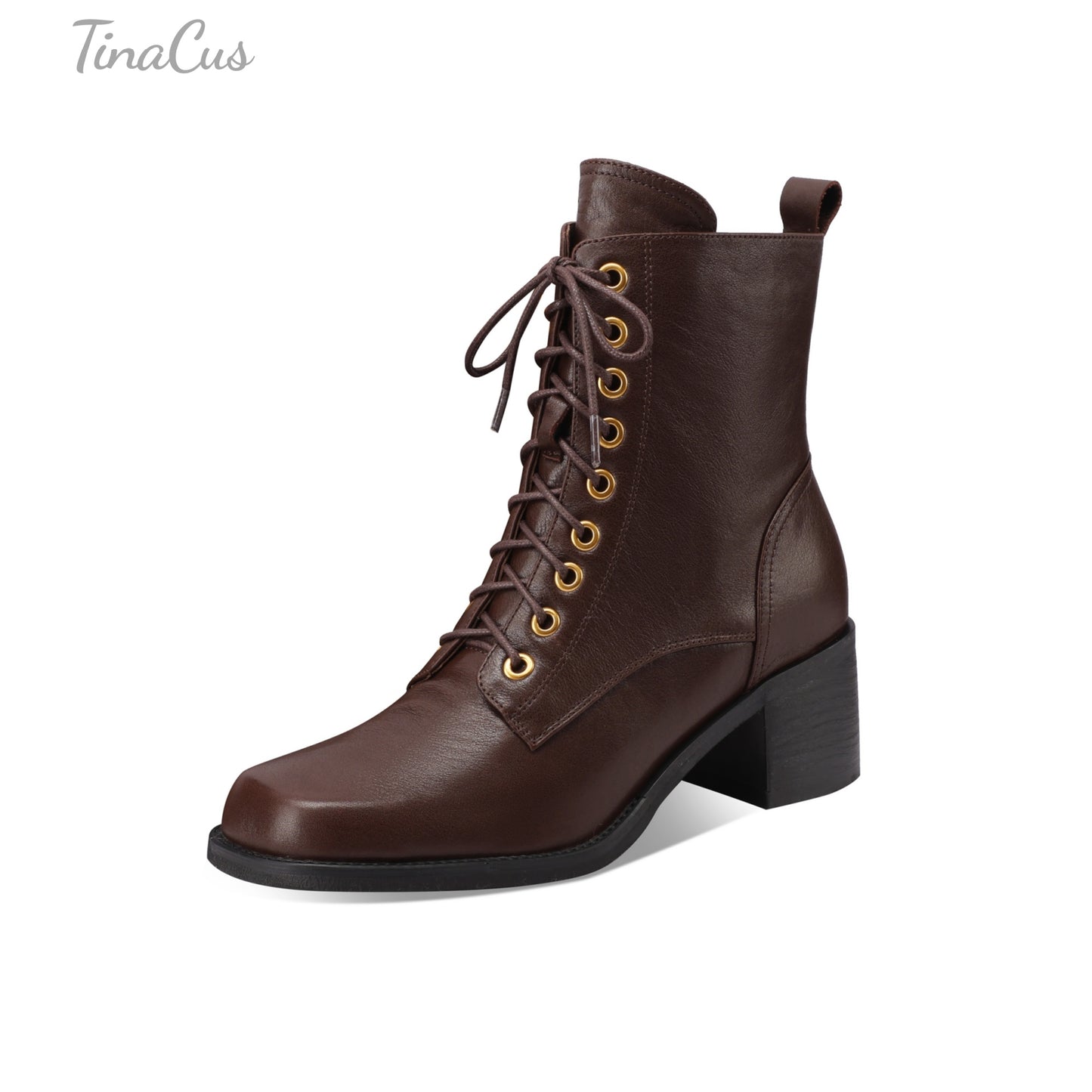 TinaCus Genuine Leather Handmade Short Boots Women's Square Toe Chunky Heels Zipper & Selftie Booties