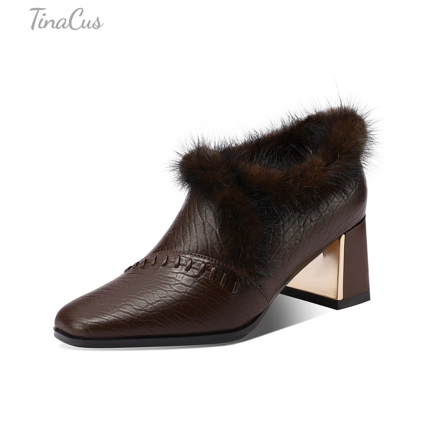 TinaCus Genuine Leather & Fur Women's Warm Pumps Shoes Square Toe Handmade Mid Heels