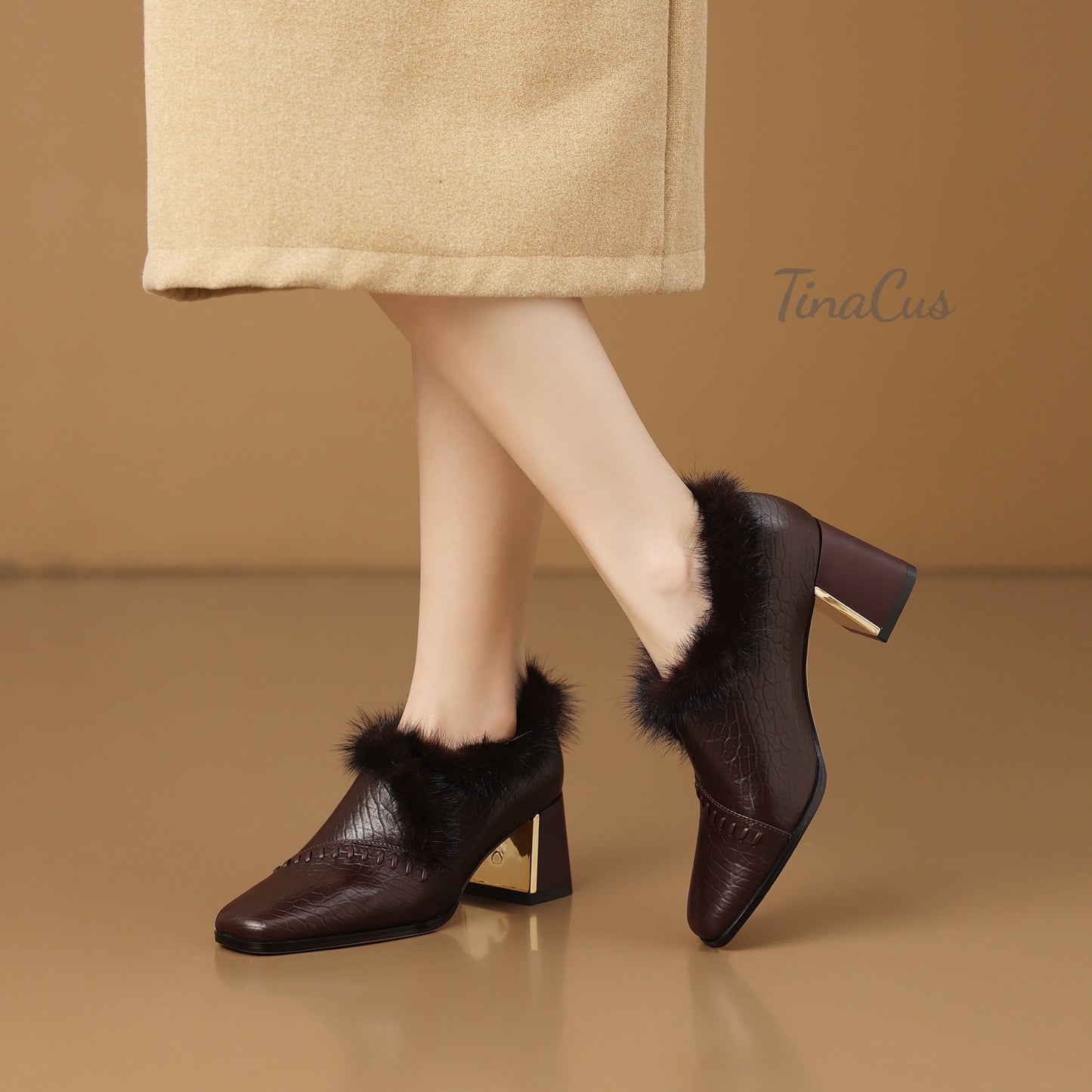 TinaCus Genuine Leather & Fur Women's Warm Pumps Shoes Square Toe Handmade Mid Heels