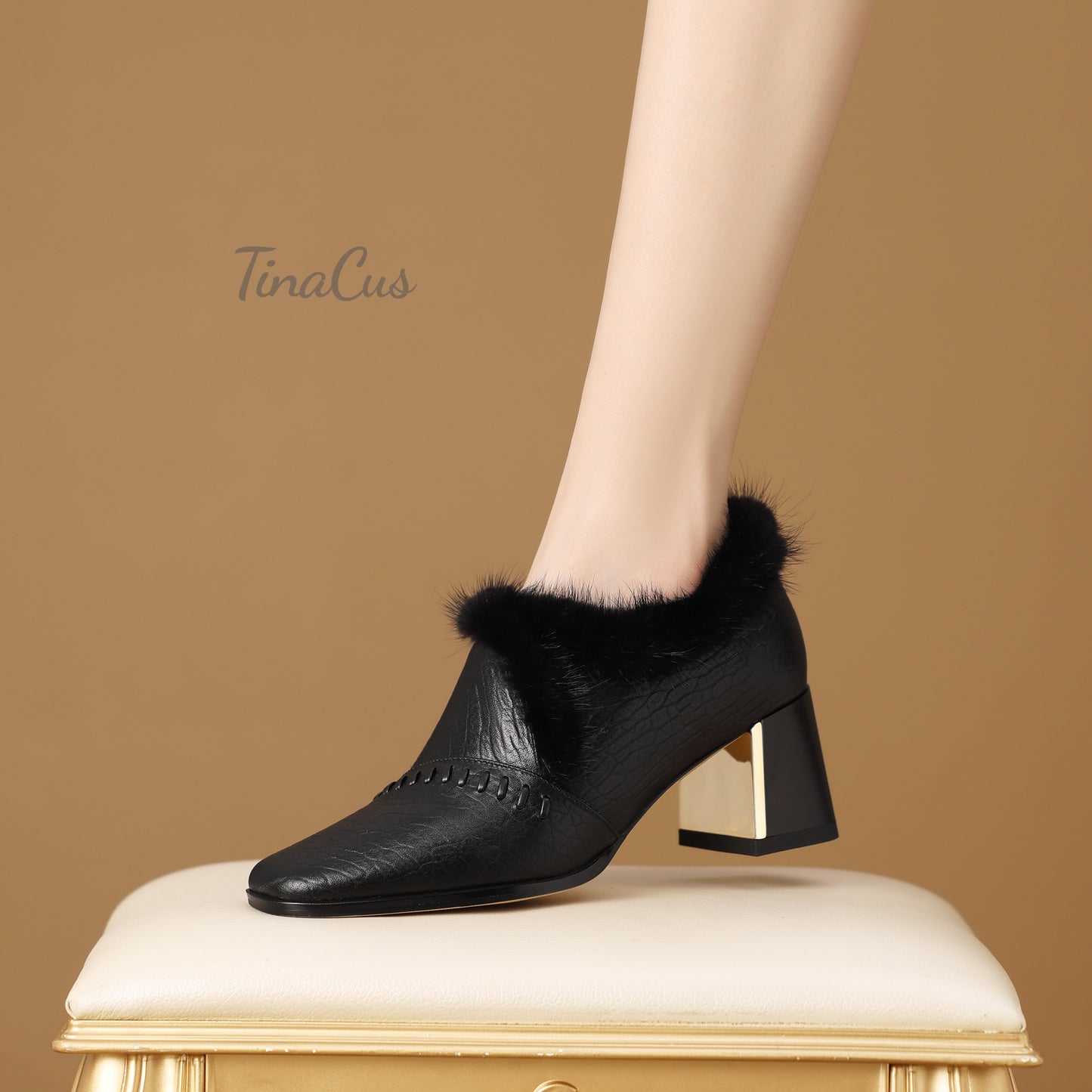 TinaCus Genuine Leather & Fur Women's Warm Pumps Shoes Square Toe Handmade Mid Heels