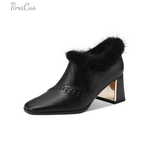 TinaCus Genuine Leather & Fur Women's Warm Pumps Shoes Square Toe Handmade Mid Heels