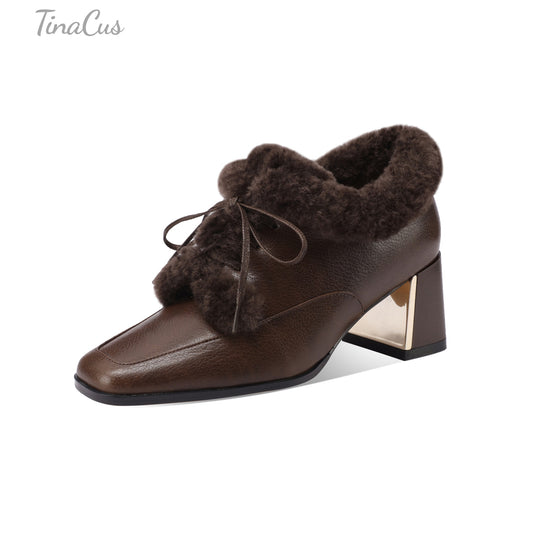 TinaCus Genuine Leather Handmade Fur Lining Pumps Women's Square Toe Mid Chunky Heels Lace up Oxford Shoes