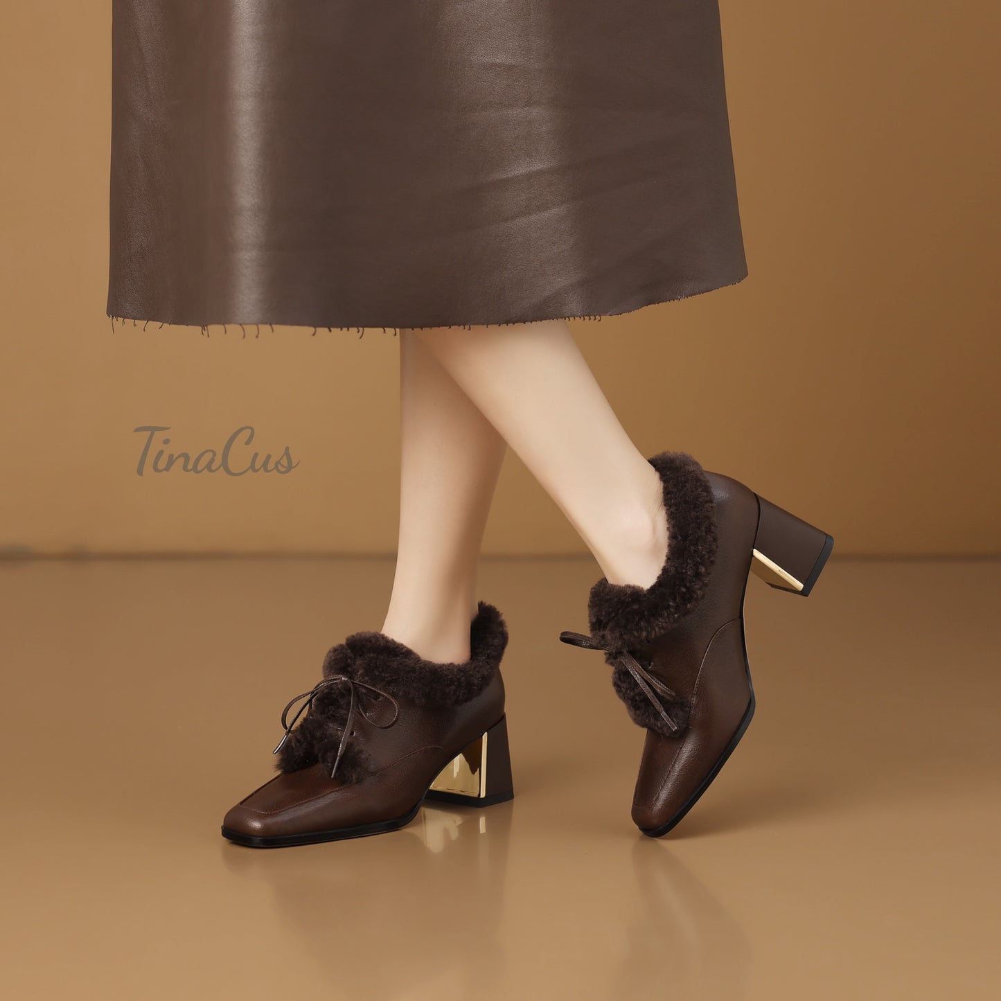 TinaCus Genuine Leather Handmade Fur Lining Pumps Women's Square Toe Mid Chunky Heels Lace up Oxford Shoes
