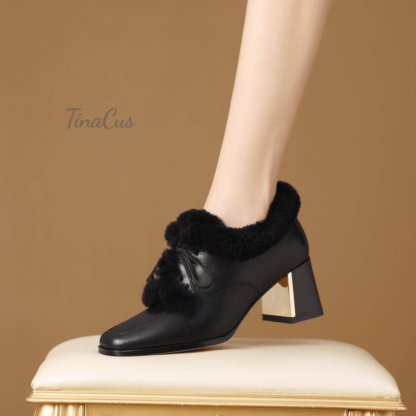 TinaCus Genuine Leather Handmade Fur Lining Pumps Women's Square Toe Mid Chunky Heels Lace up Oxford Shoes