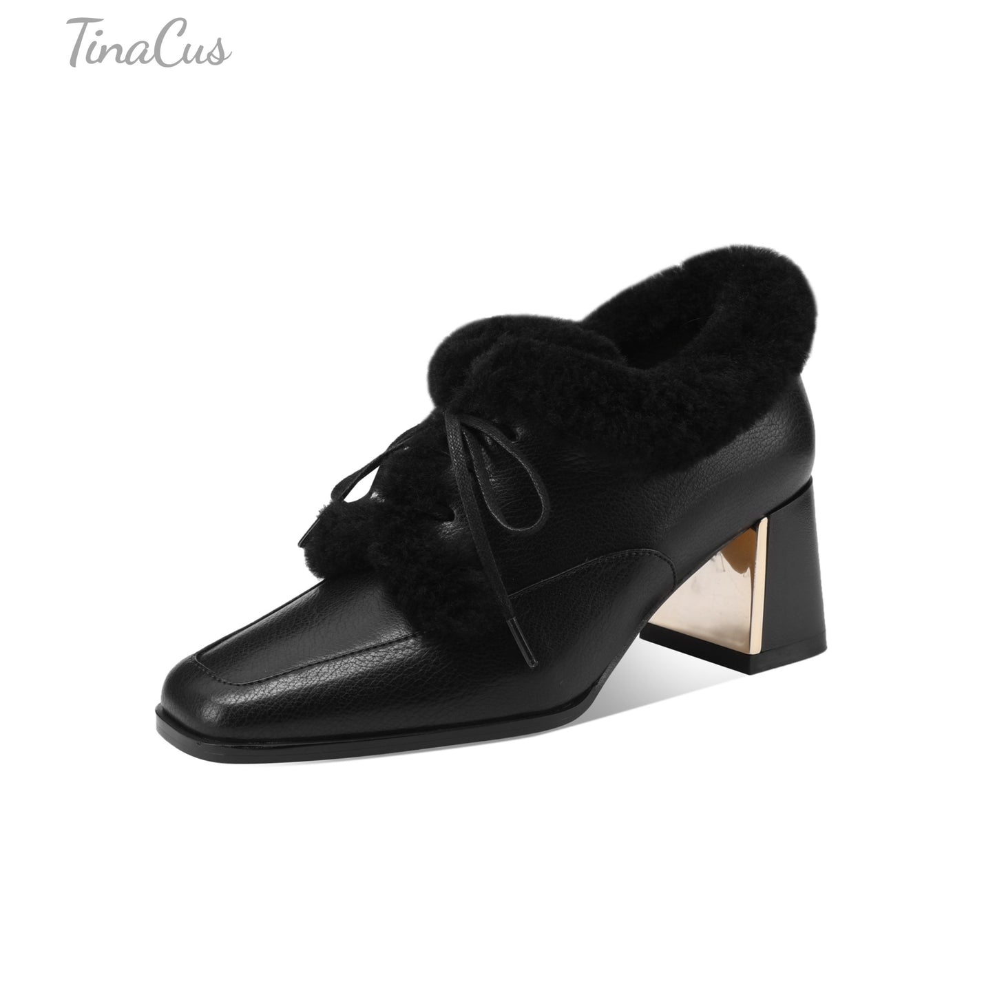 TinaCus Genuine Leather Handmade Fur Lining Pumps Women's Square Toe Mid Chunky Heels Lace up Oxford Shoes