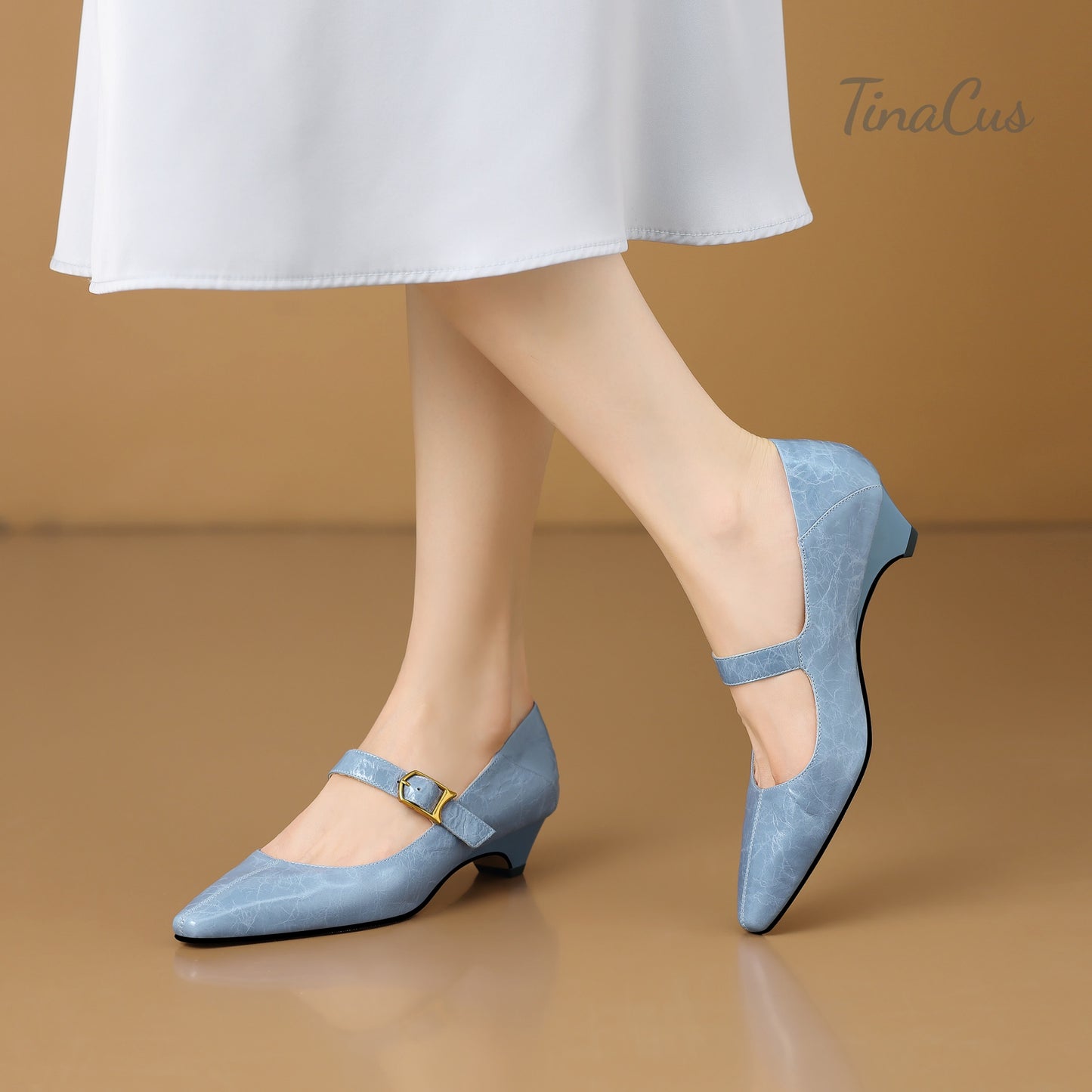 TinaCus Women's Pointed Toe Handmade Strap Buckle Genuine Leather Low Heels Dress Pumps Shoes