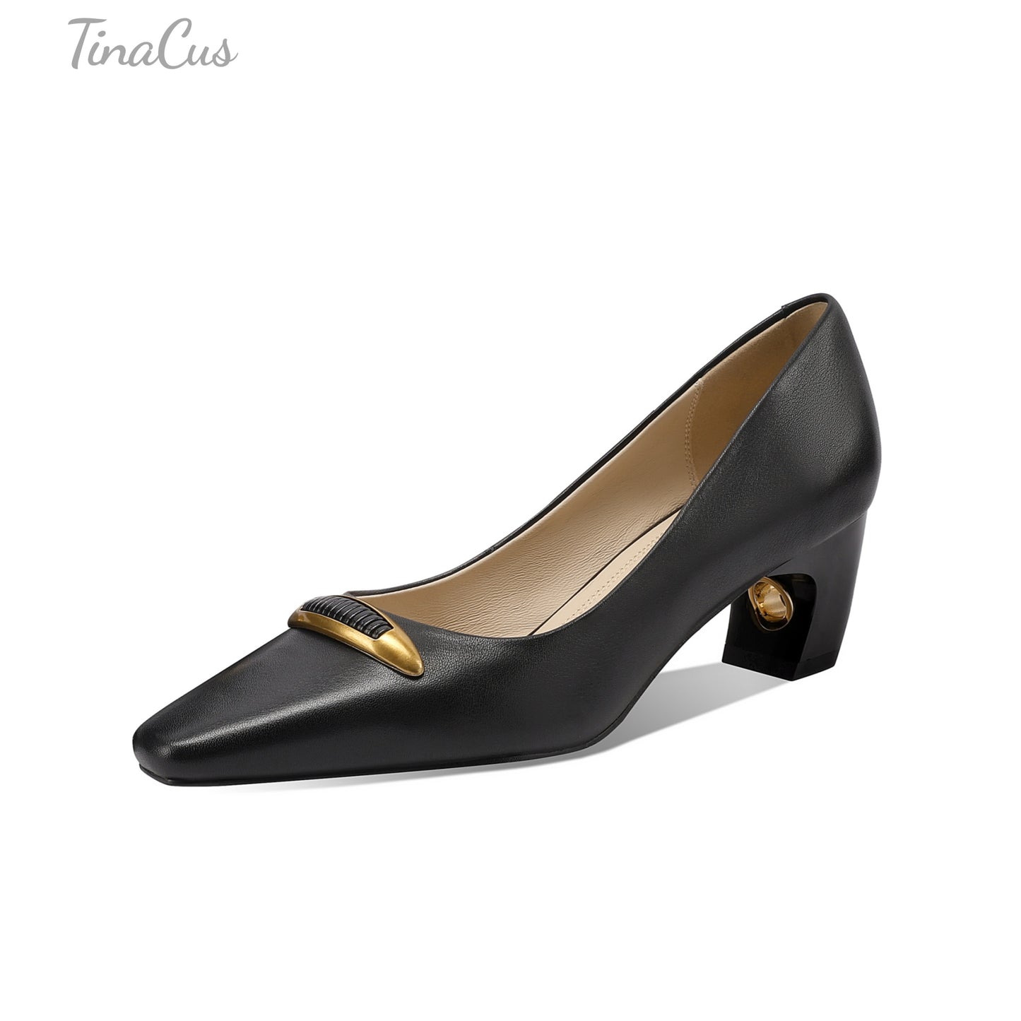 TinaCus Genuine Leather Women's Pointed Toe Handmade Chunky Heels Slip on Stylish Pumps Shoes