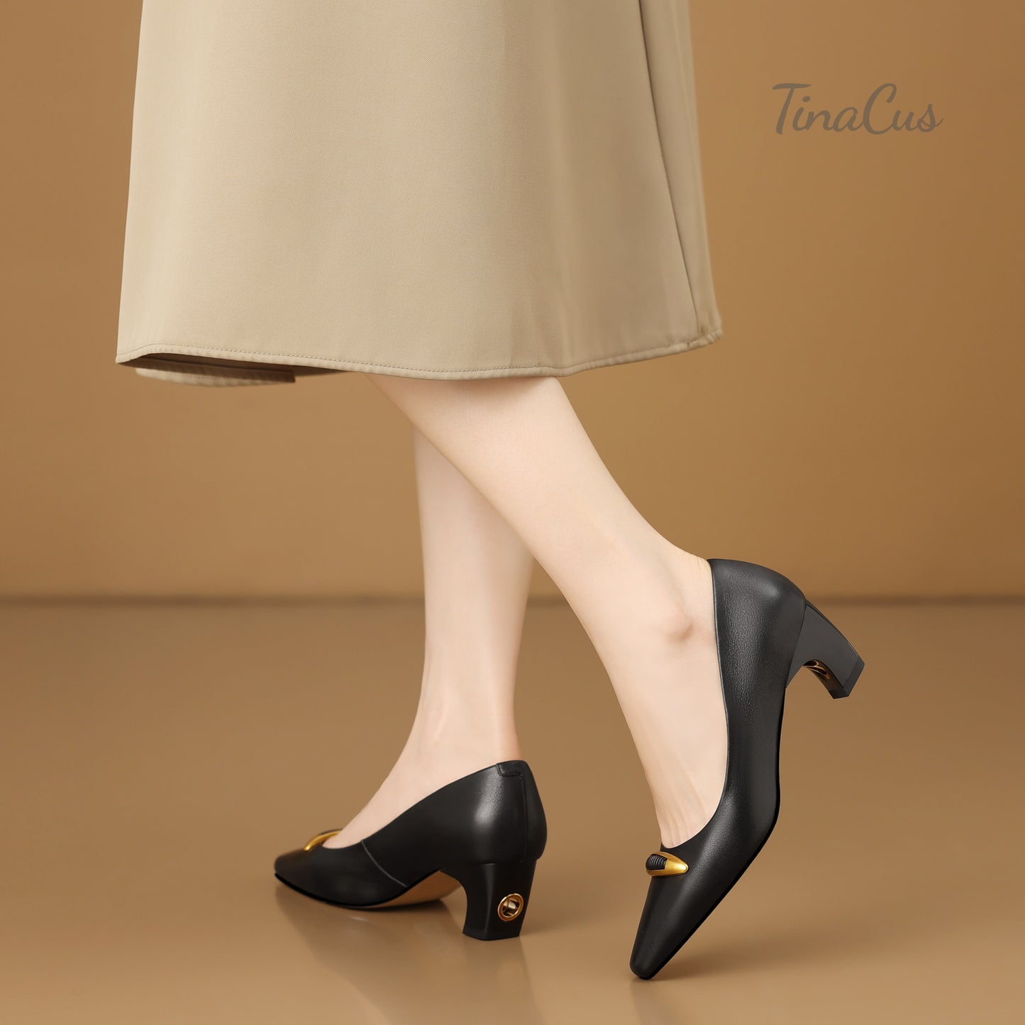 TinaCus Genuine Leather Women's Pointed Toe Handmade Chunky Heels Slip on Stylish Pumps Shoes