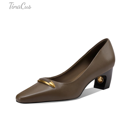 TinaCus Genuine Leather Women's Pointed Toe Handmade Chunky Heels Slip on Stylish Pumps Shoes