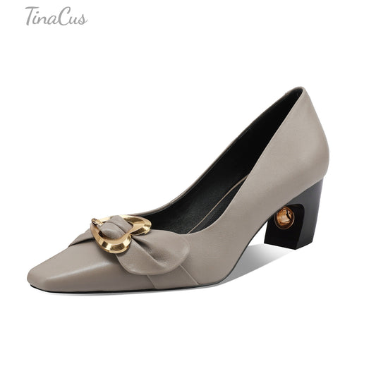 TinaCus Women's Pointed Toe Handmade Chunky Heels Genuine Leather Women's Pumps SHOS with Metal Decoration