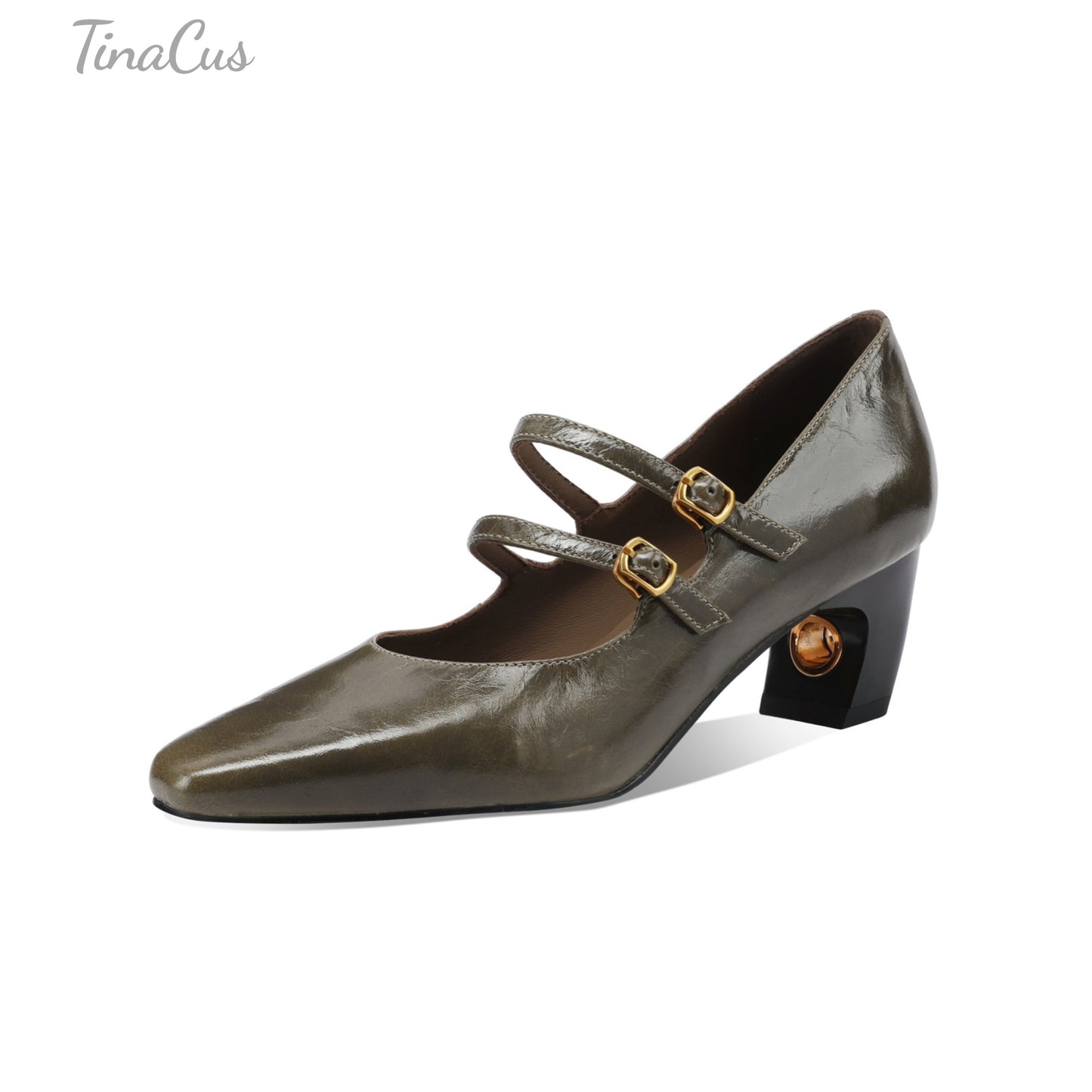 TinaCus Genuine Leather Women's Square Toe Handmade Belt Buckles Low Heels Chic Pumps Shoes