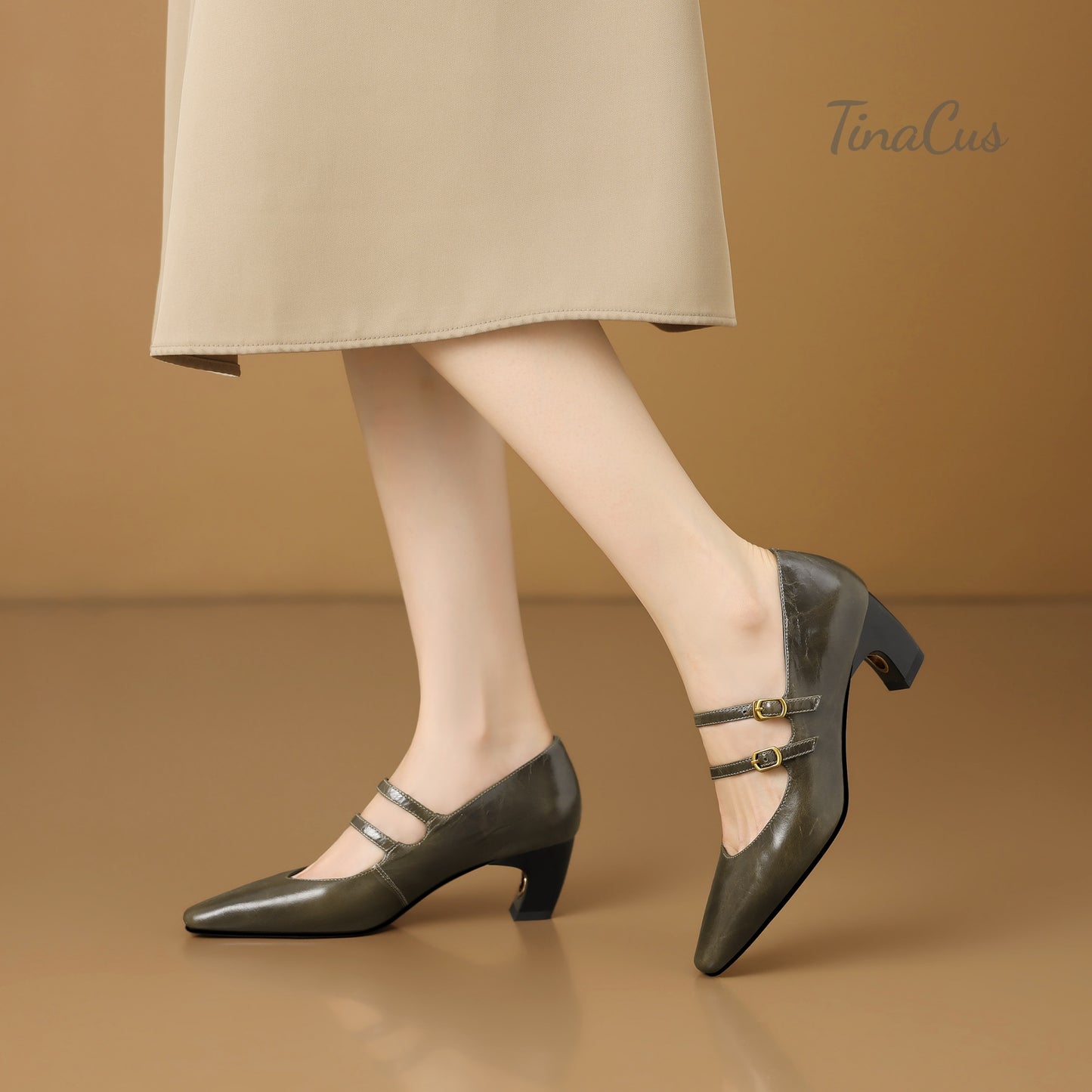 TinaCus Genuine Leather Women's Square Toe Handmade Belt Buckles Low Heels Chic Pumps Shoes