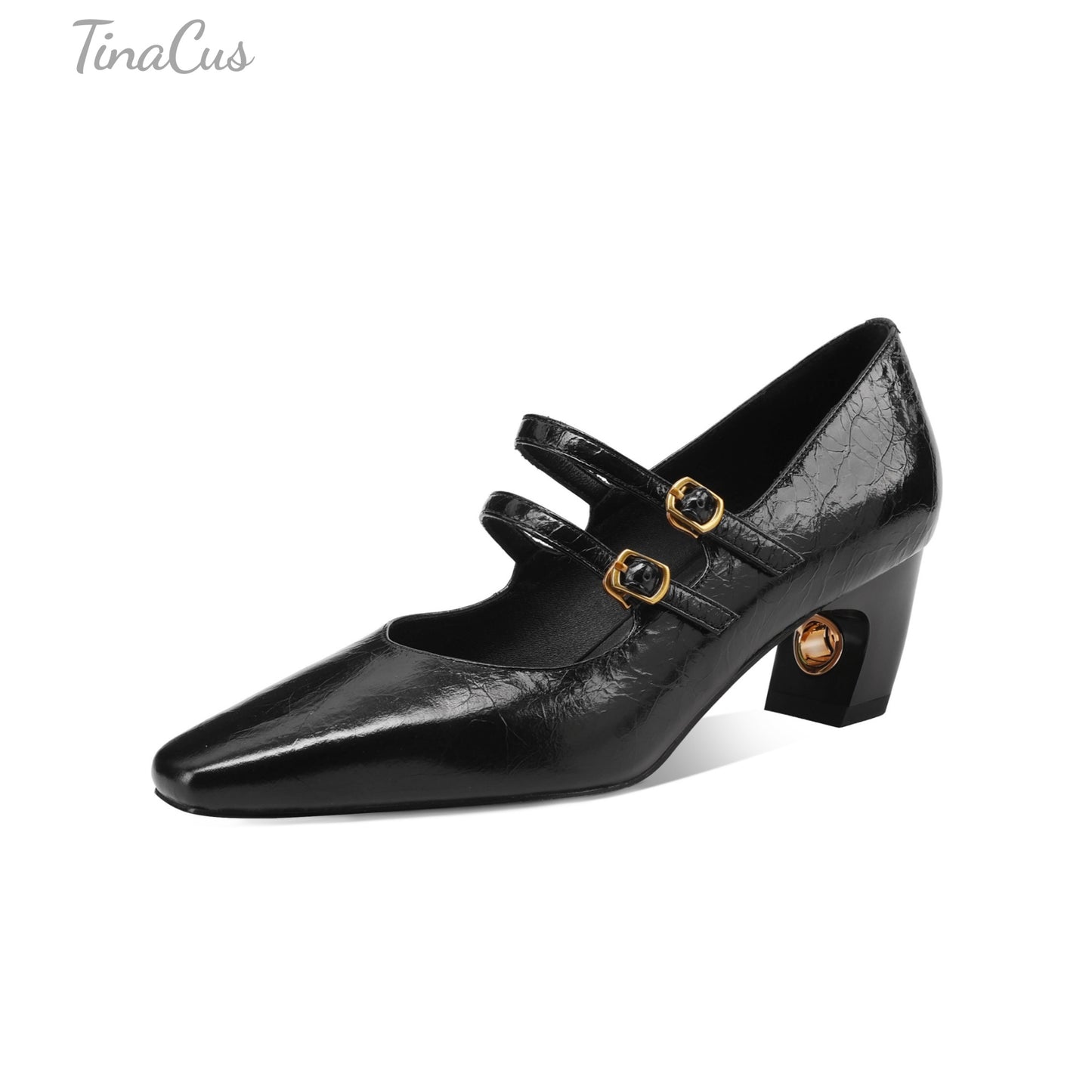 TinaCus Genuine Leather Women's Square Toe Handmade Belt Buckles Low Heels Chic Pumps Shoes