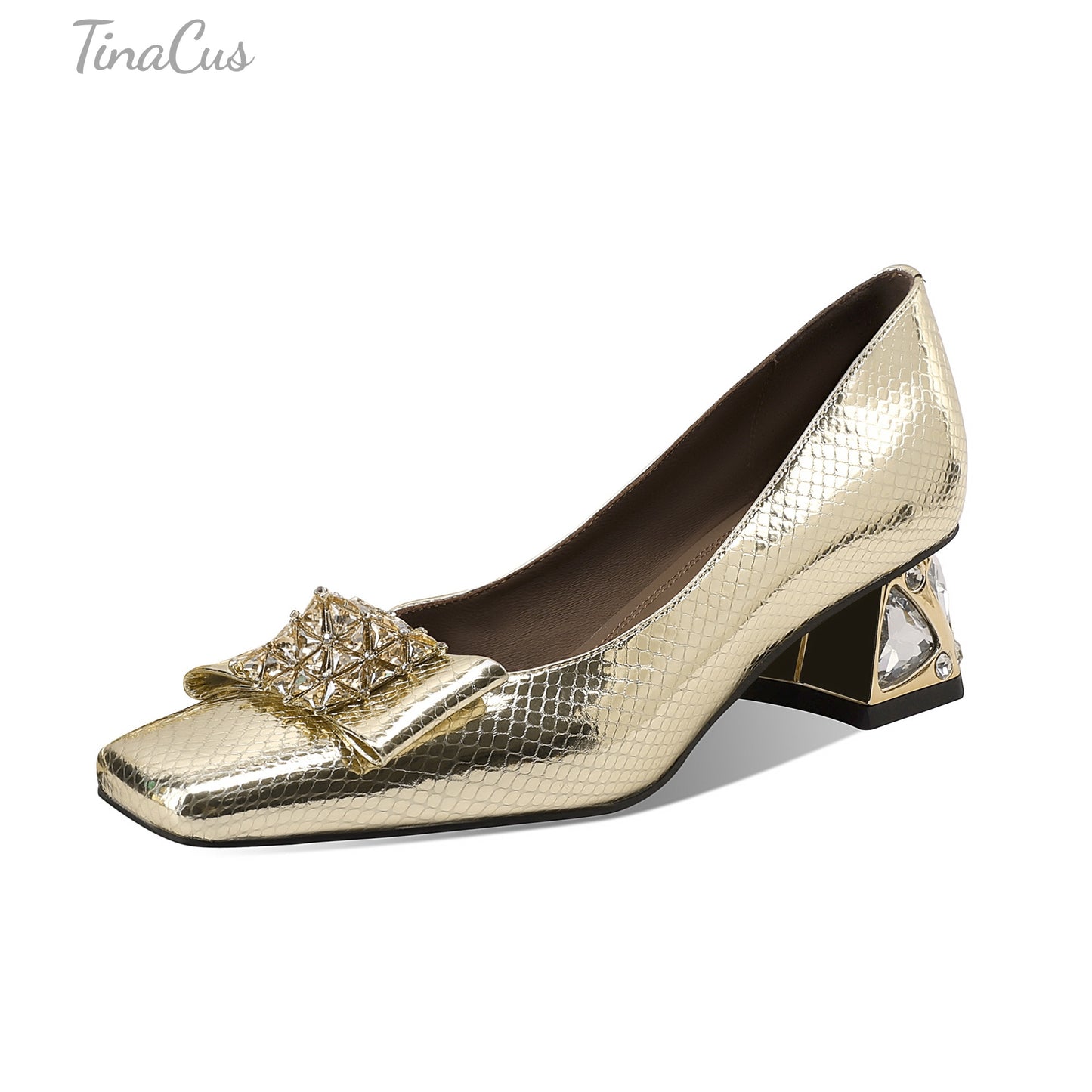 TinaCus Women's Square Toe Handmade Crystal Heels Genuine Leather Slip on Chic Loafers Shoes