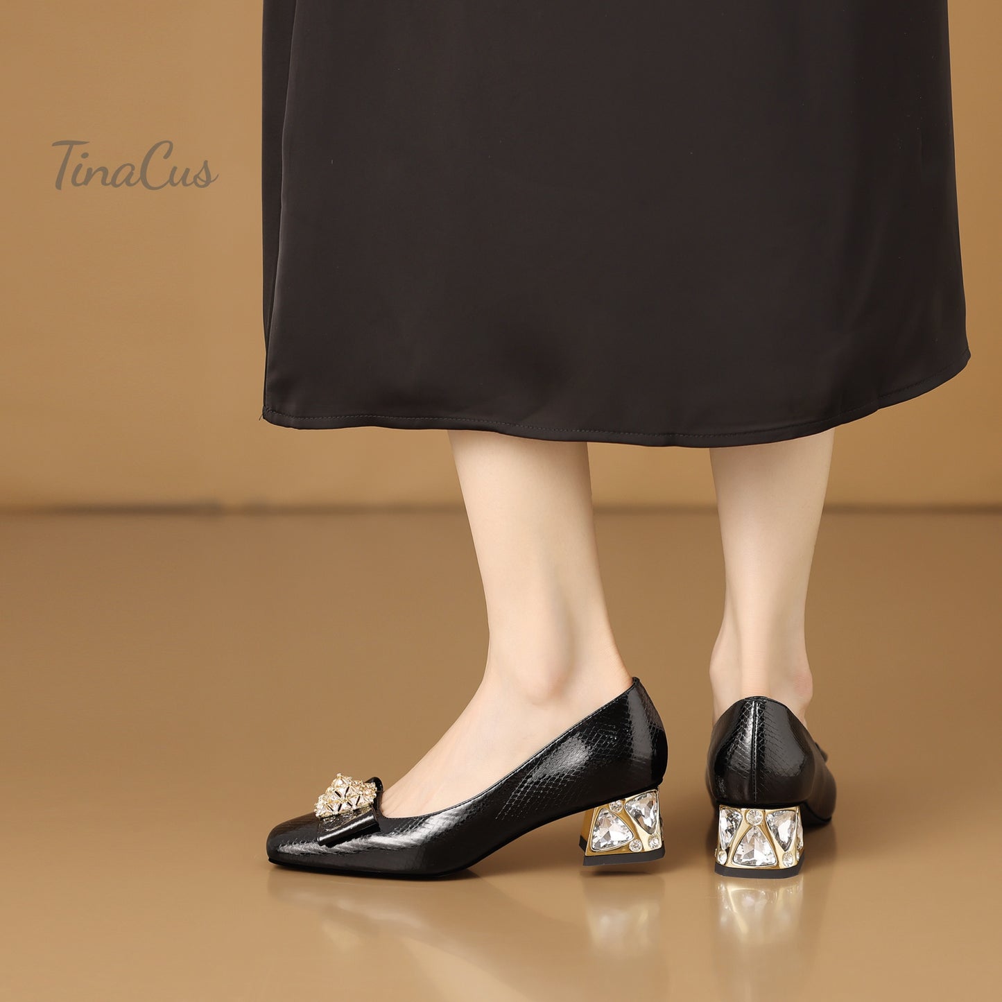 TinaCus Women's Square Toe Handmade Crystal Heels Genuine Leather Slip on Chic Loafers Shoes