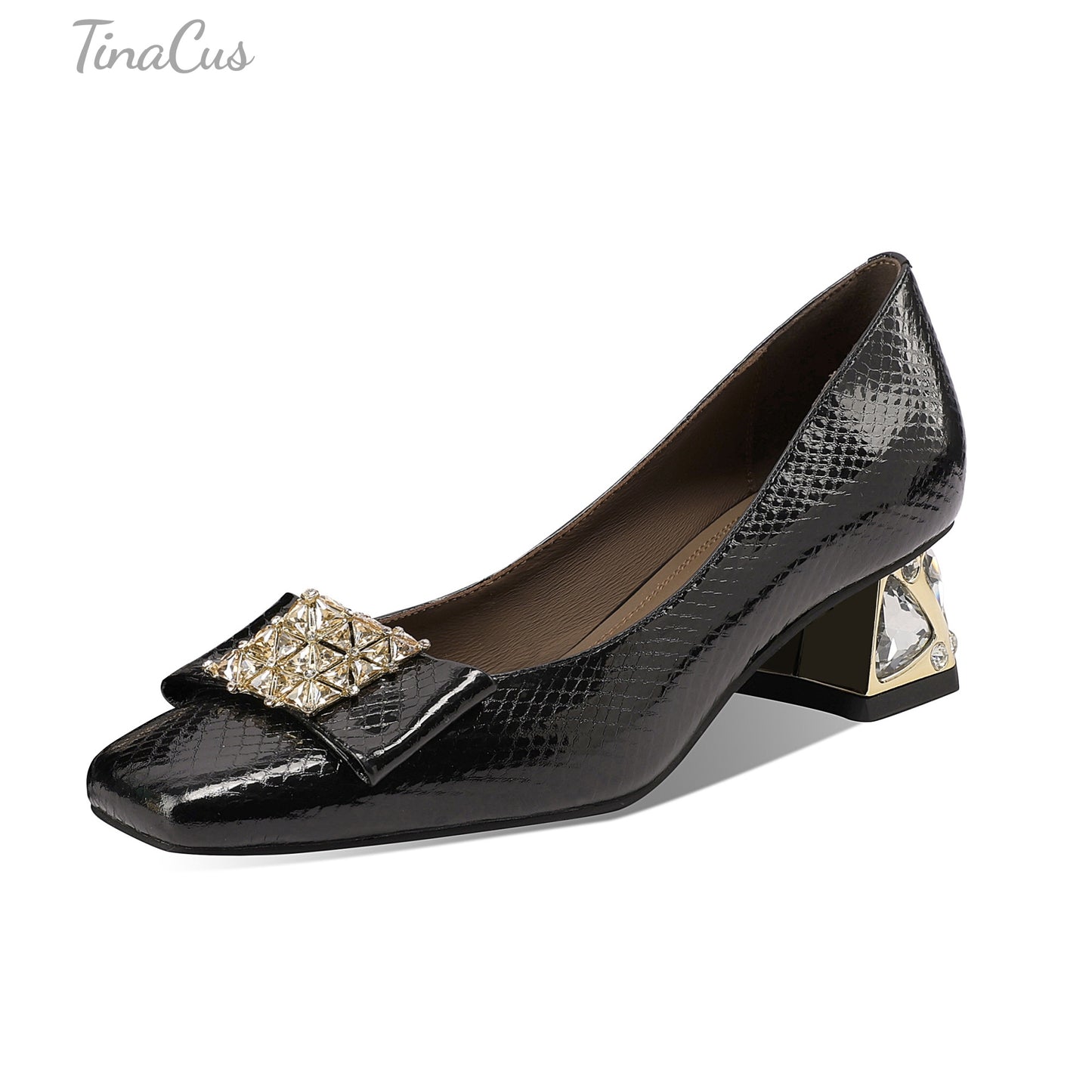 TinaCus Women's Square Toe Handmade Crystal Heels Genuine Leather Slip on Chic Loafers Shoes