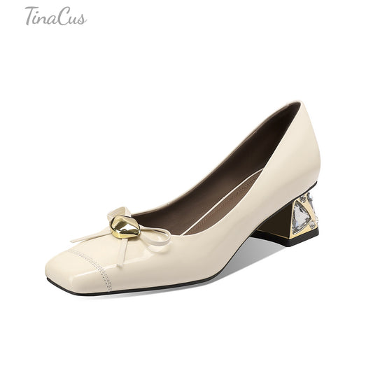 TinaCus Glossy Patent Leather Women's Square Toe Handmade Crystal Chunky Heels Loafers Shoes with Bowknot