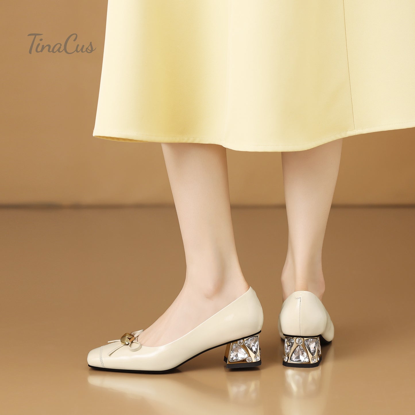 TinaCus Glossy Patent Leather Women's Square Toe Handmade Crystal Chunky Heels Loafers Shoes with Bowknot