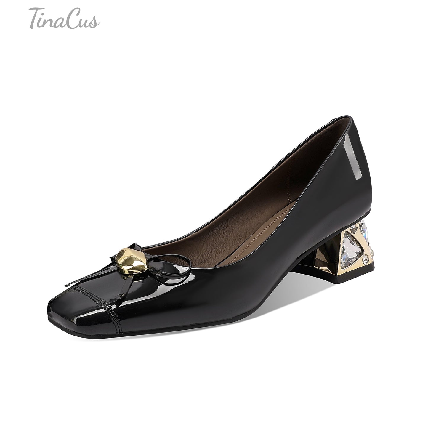 TinaCus Glossy Patent Leather Women's Square Toe Handmade Crystal Chunky Heels Loafers Shoes with Bowknot