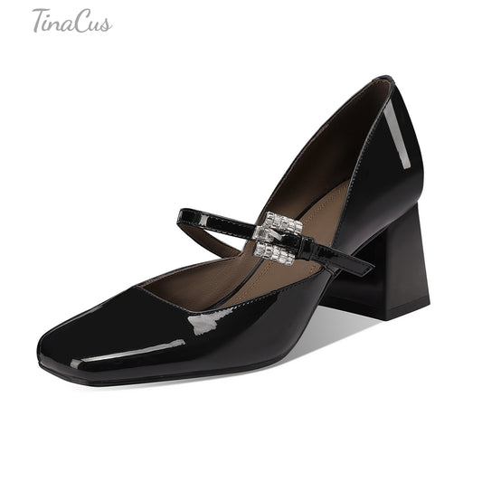 TinaCus Women's Square Toe Patent Leather Handmade Crystal Buckle Mid Chunky Heels Chic Pumps Shoes