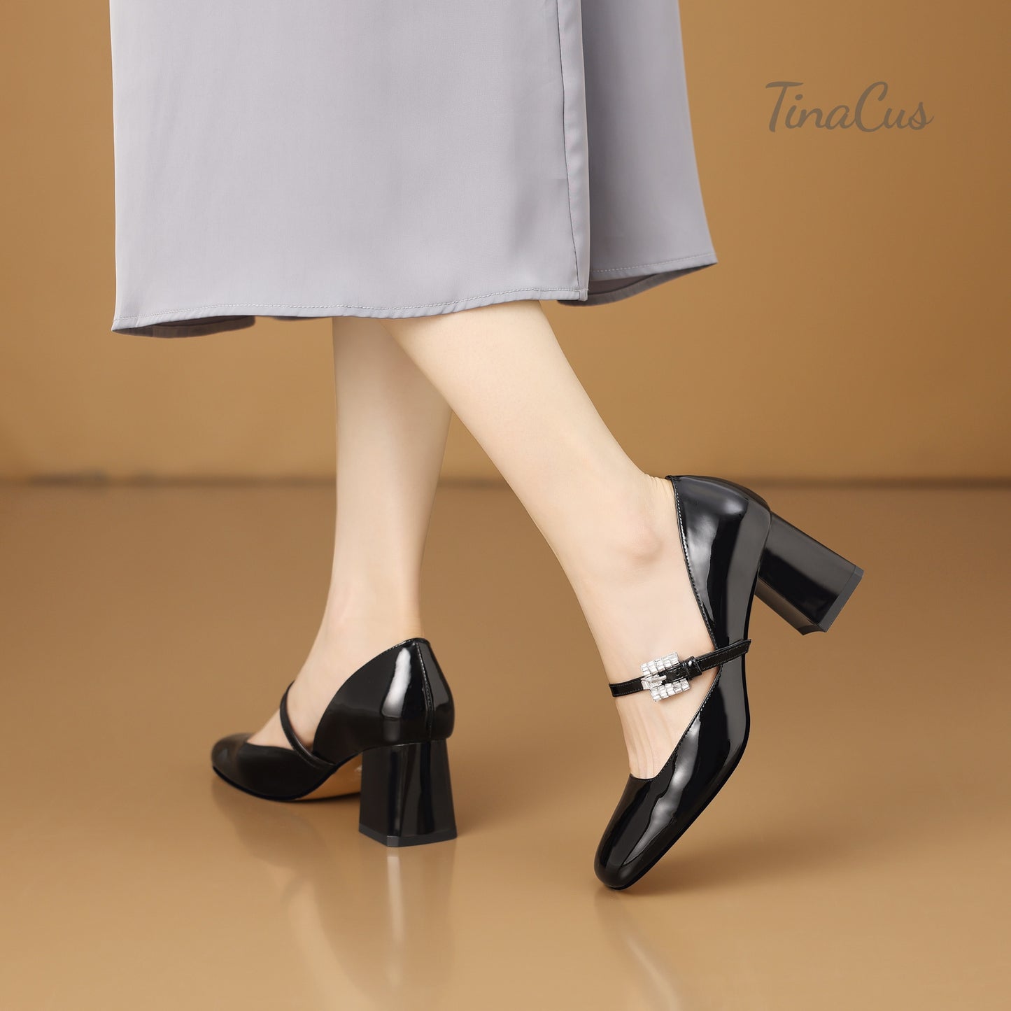 TinaCus Women's Square Toe Patent Leather Handmade Crystal Buckle Mid Chunky Heels Chic Pumps Shoes