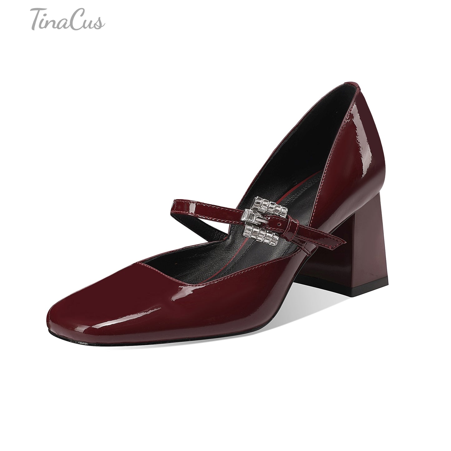 TinaCus Women's Square Toe Patent Leather Handmade Crystal Buckle Mid Chunky Heels Chic Pumps Shoes