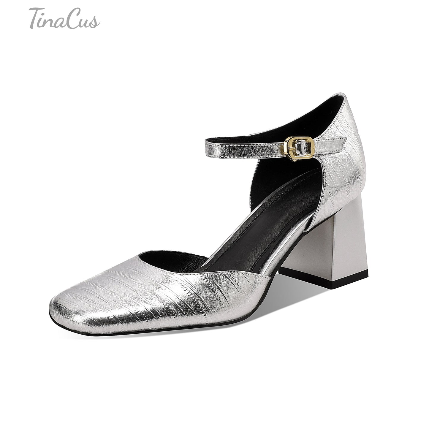 TinaCus Genuine Leather Women's Square Toe Handmade Ankle Strap Buckle Mid Chunky Heels Pumps Shoes