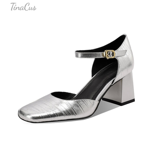 TinaCus Genuine Leather Women's Square Toe Handmade Ankle Strap Buckle Mid Chunky Heels Pumps Shoes