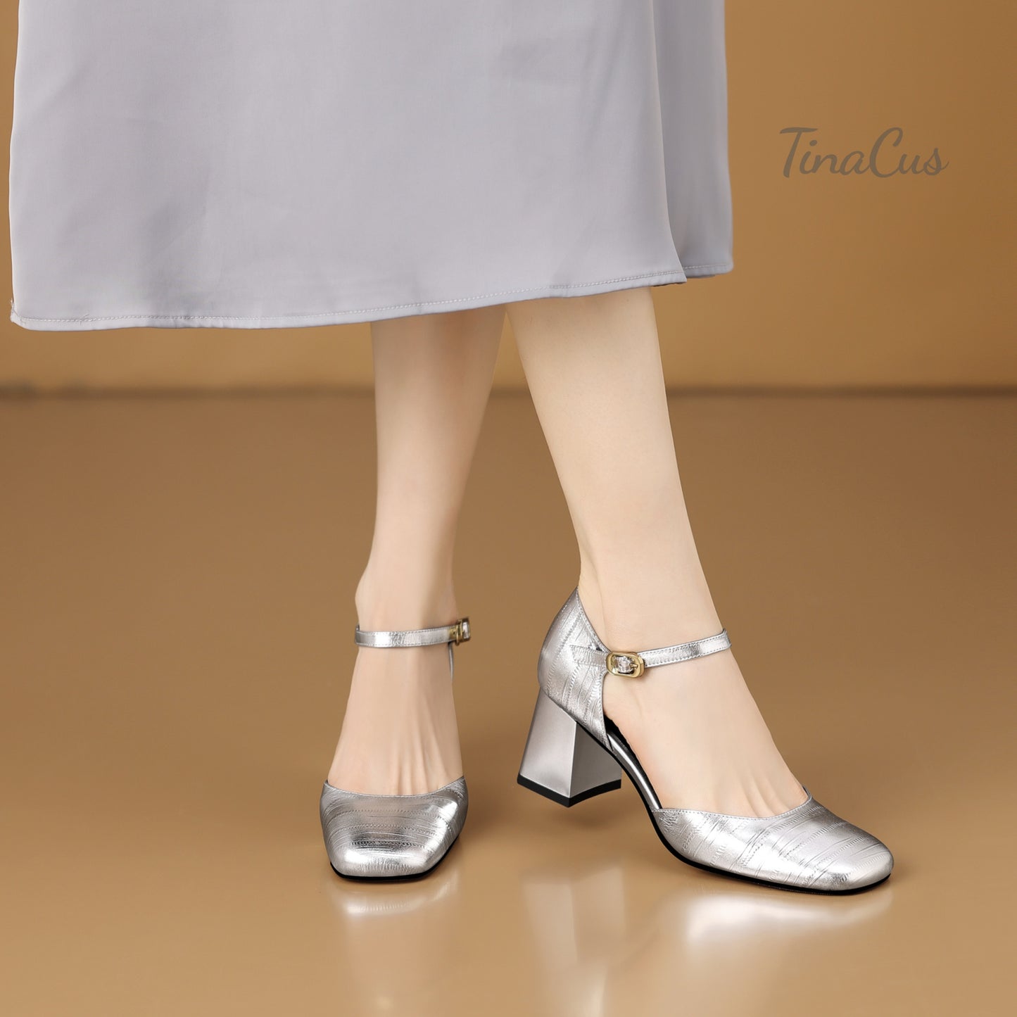 TinaCus Genuine Leather Women's Square Toe Handmade Ankle Strap Buckle Mid Chunky Heels Pumps Shoes