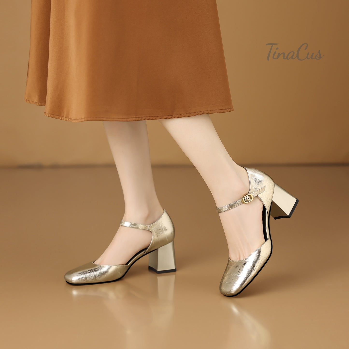 TinaCus Genuine Leather Women's Square Toe Handmade Ankle Strap Buckle Mid Chunky Heels Pumps Shoes