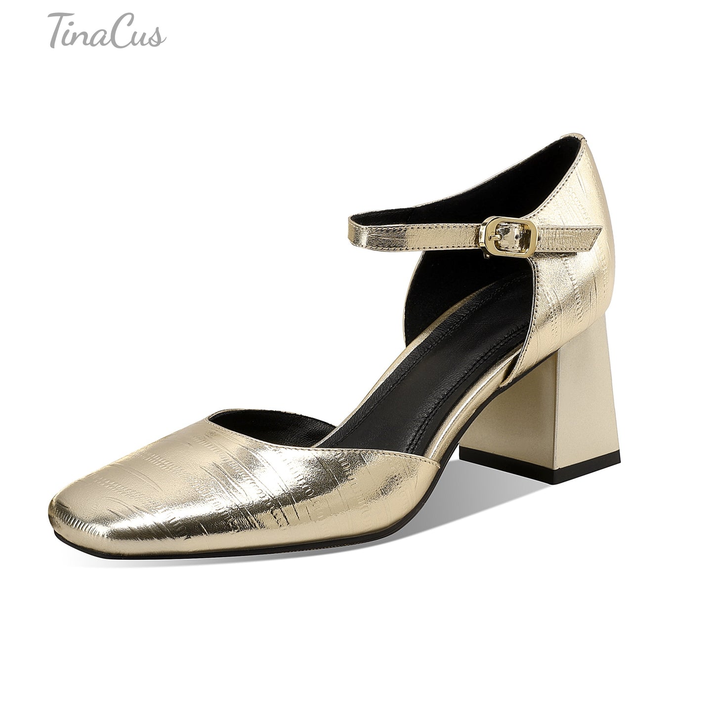 TinaCus Genuine Leather Women's Square Toe Handmade Ankle Strap Buckle Mid Chunky Heels Pumps Shoes