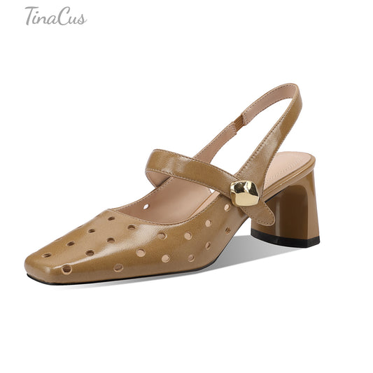 TinaCus Women's Square Toe Genuine Leather with Holes Handmade Mid Block Heels Chic Slingbacks Sandals