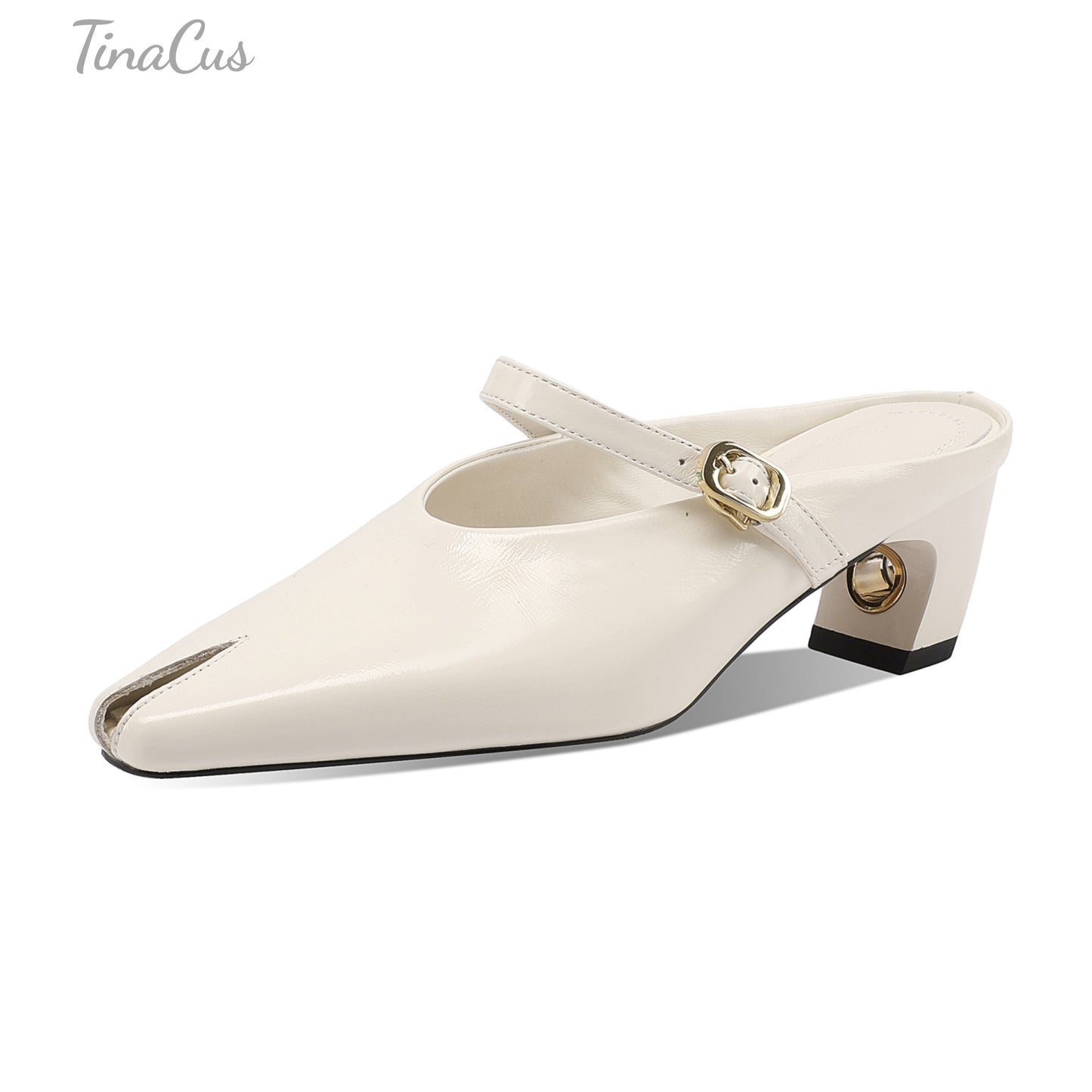 TinaCus Women's Square Toe Handmade Mules Genuine Leather Buckle Strap Casual Mid Heel Sandals