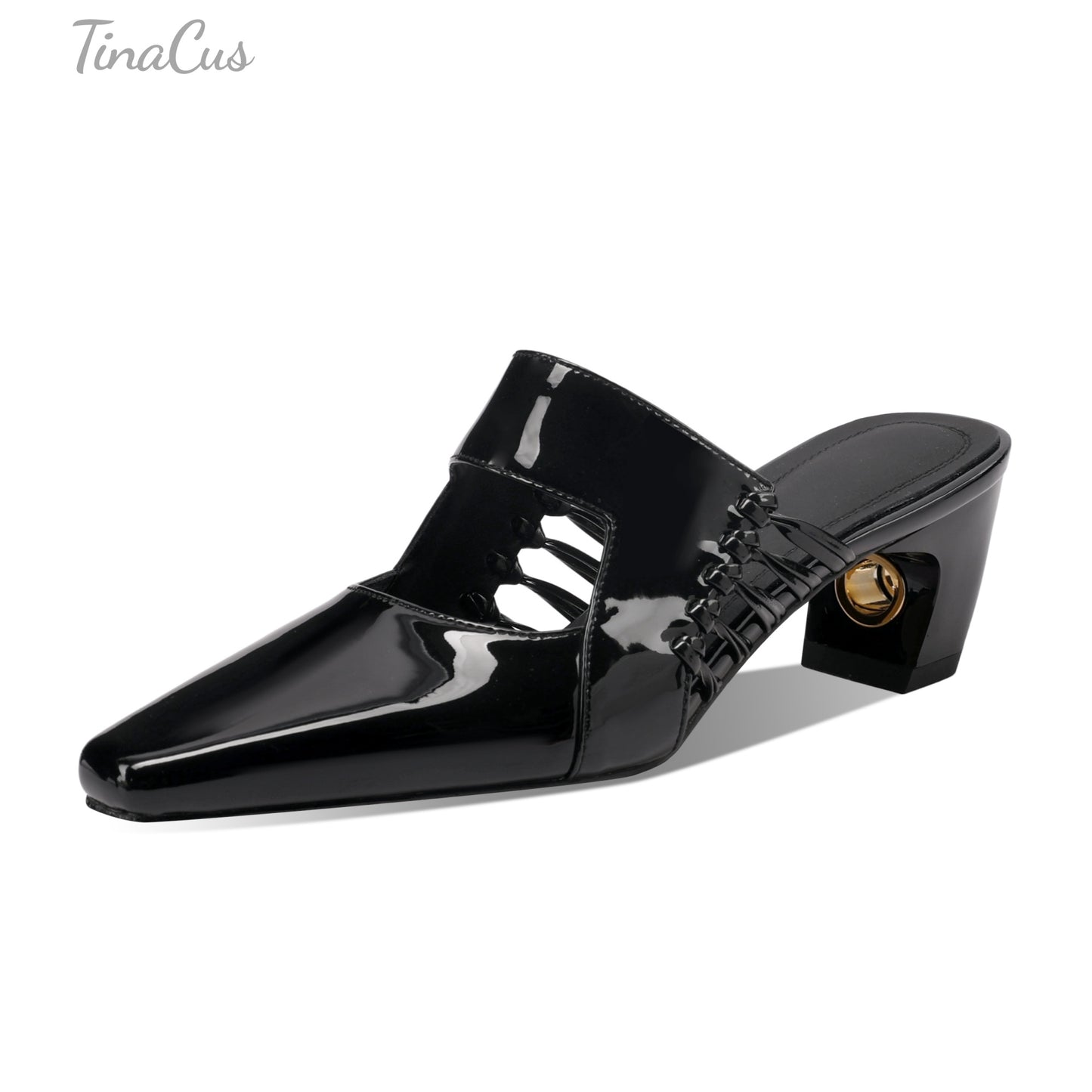 TinaCus Women's Closed Toe Glossy Patent Leather Handmade Chunky Heels Chic Mules Sandals