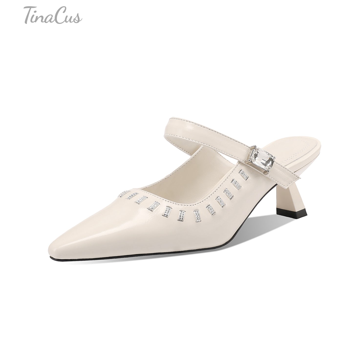 TinaCus Genuine Leather Women's Mules Pointed Toe Handmade Mid Heels Sandals