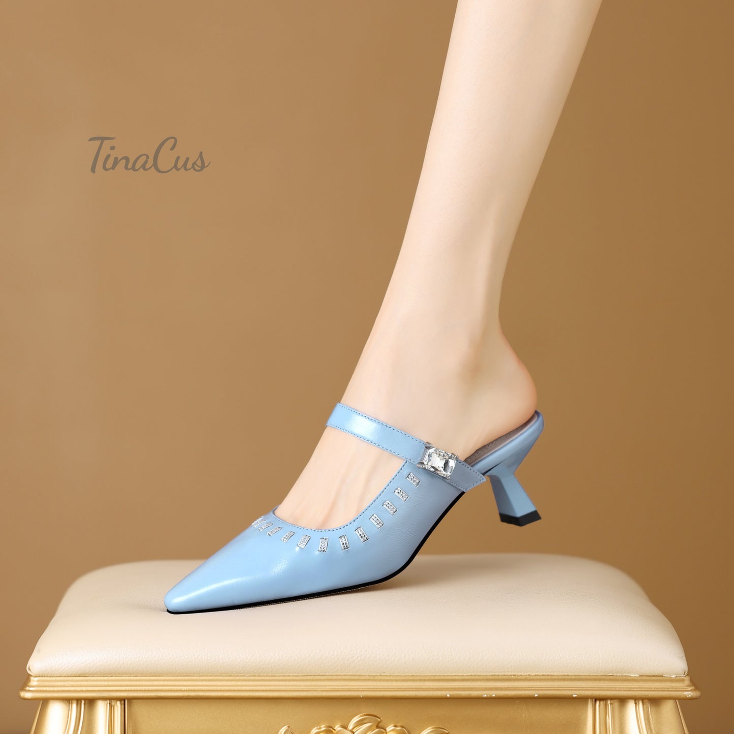 TinaCus Genuine Leather Women's Mules Pointed Toe Handmade Mid Heels Sandals