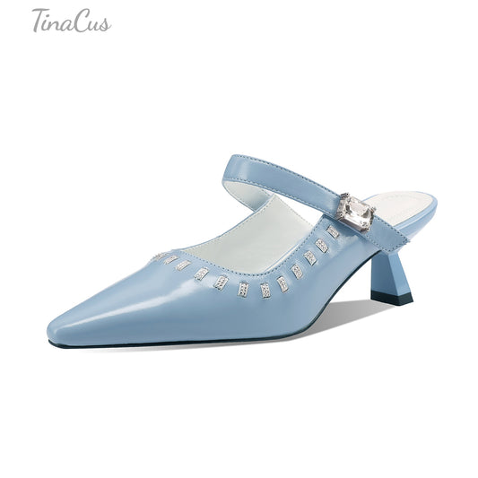 TinaCus Genuine Leather Women's Mules Pointed Toe Handmade Mid Heels Sandals