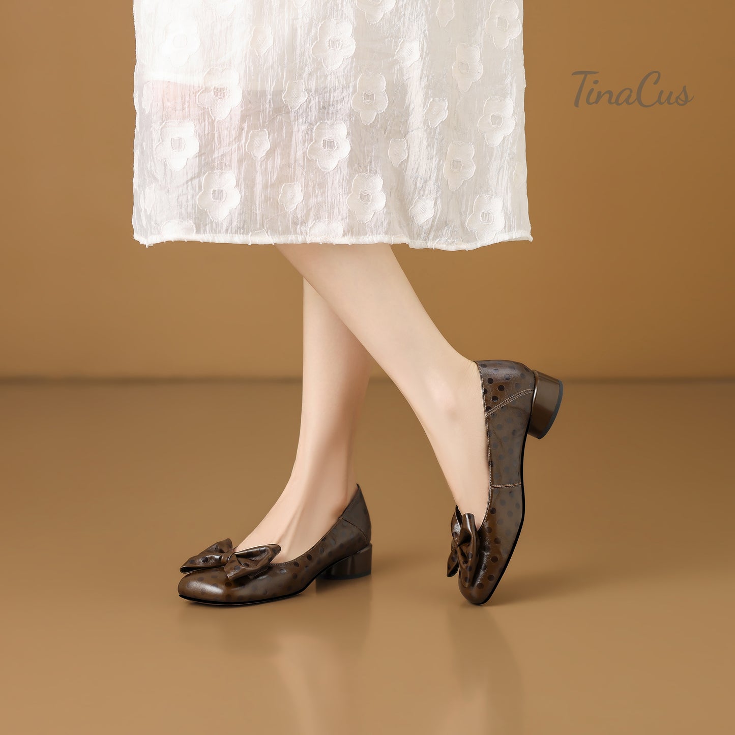 TinaCus Women's Polka Dot Genuine Leather Handmade Square Toe Low Block Heel Slip On Cute Bow Loafers