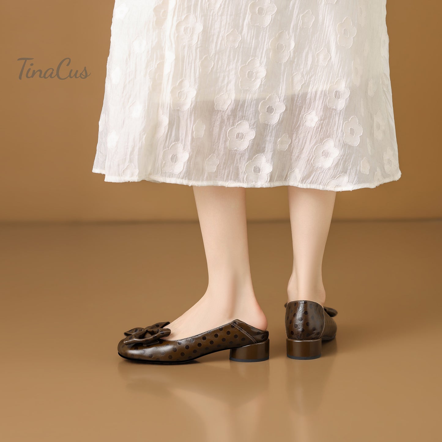 TinaCus Women's Polka Dot Genuine Leather Handmade Square Toe Low Block Heel Slip On Cute Bow Loafers