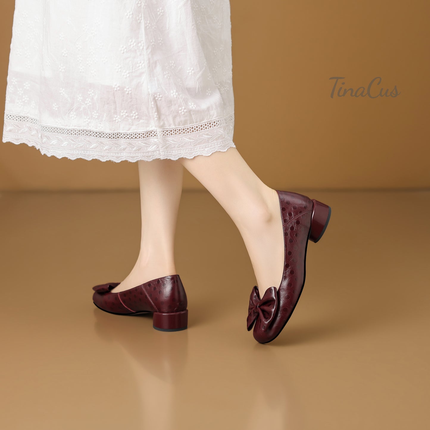 TinaCus Women's Polka Dot Genuine Leather Handmade Square Toe Low Block Heel Slip On Cute Bow Loafers