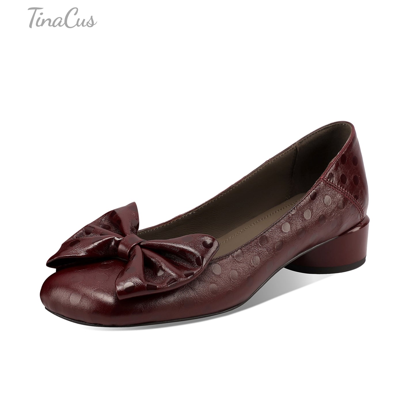 TinaCus Women's Polka Dot Genuine Leather Handmade Square Toe Low Block Heel Slip On Cute Bow Loafers